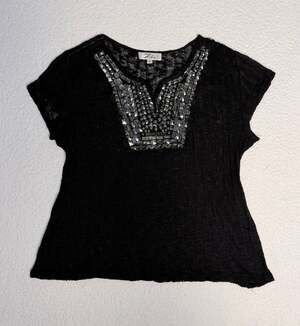 Zba Black Sheer Lace Embellished Studded Short Sleeve Top Size L